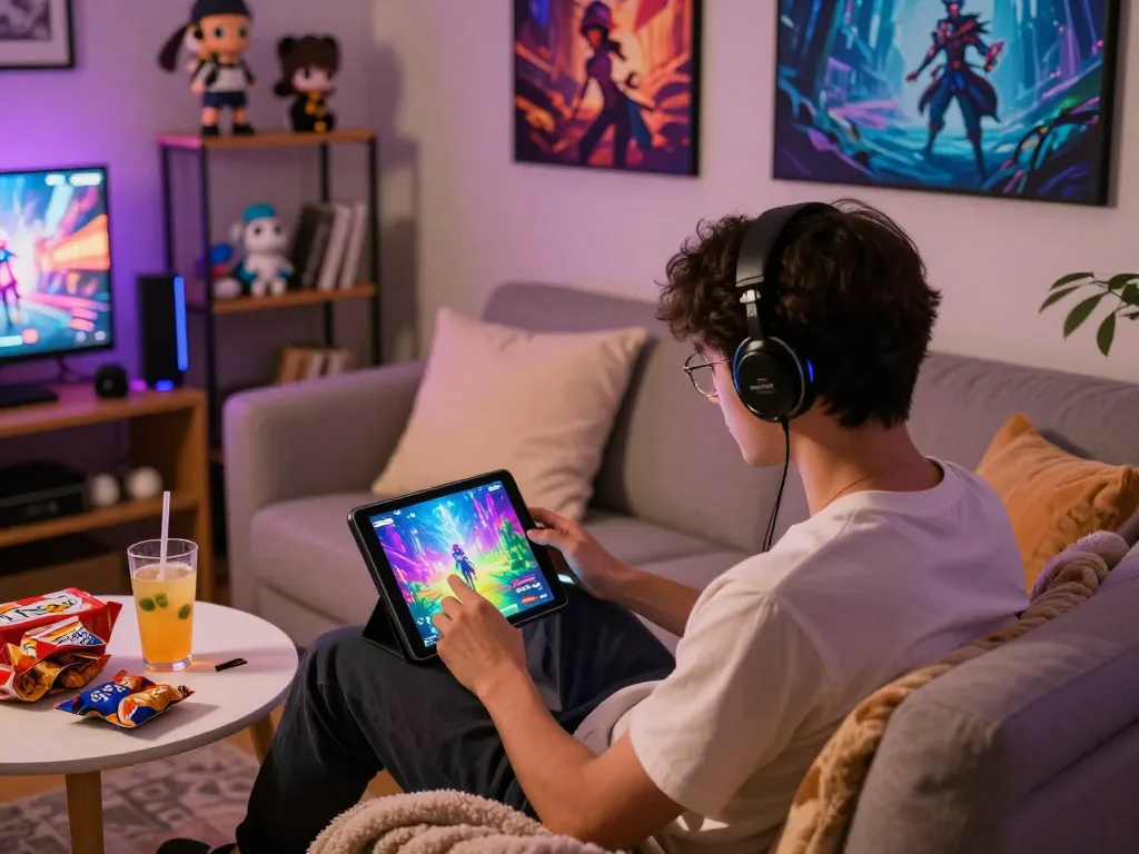 Player enjoying a sex simulator game on tablet in cozy room.