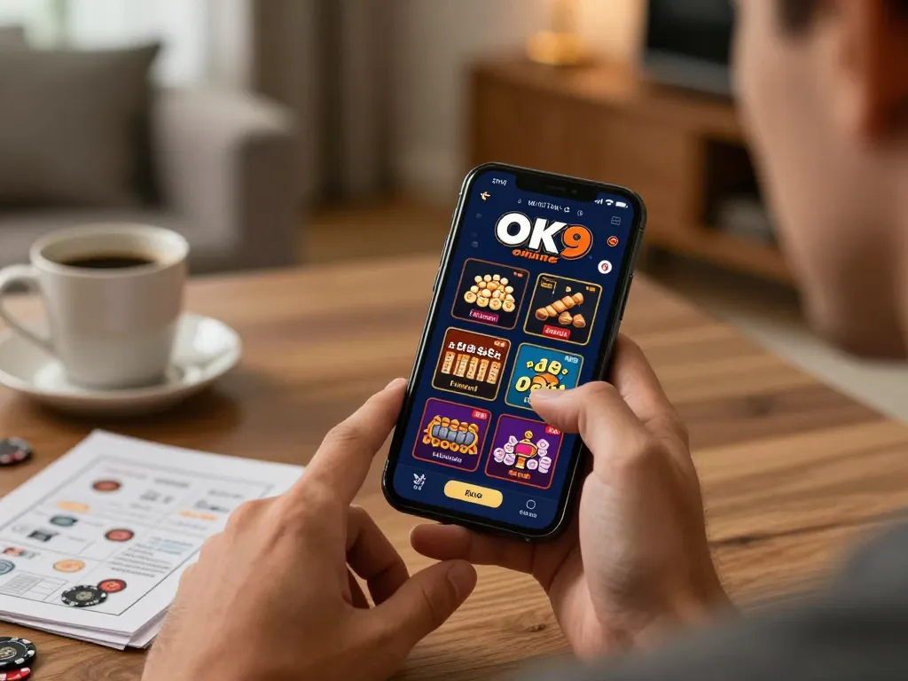 Player engaging with the OK9 casino app on smartphone, showcasing online betting strategies and excitement.