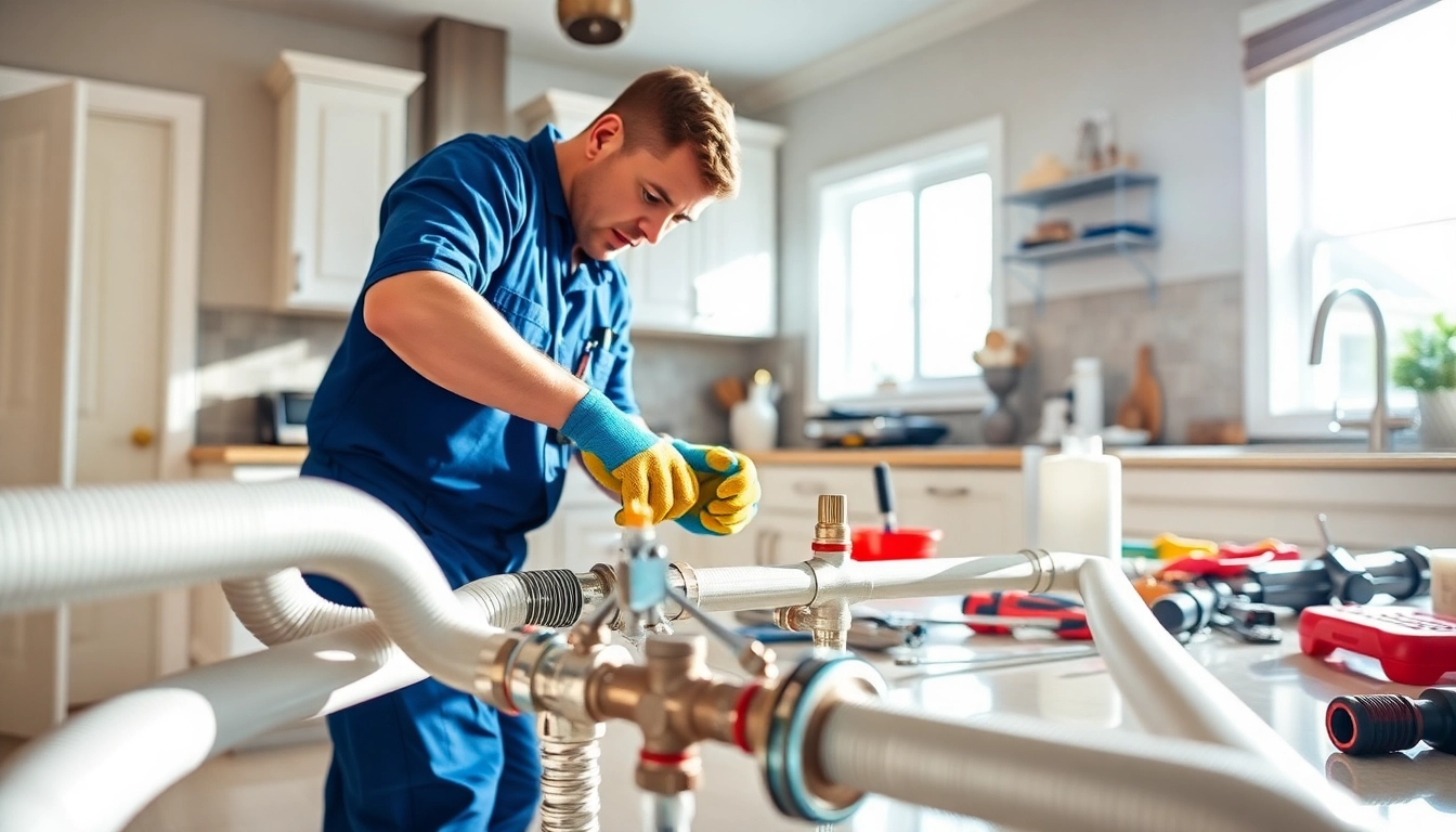 Whole house repiping services Clearwater FL being conducted by a professional plumber in a sunny kitchen.
