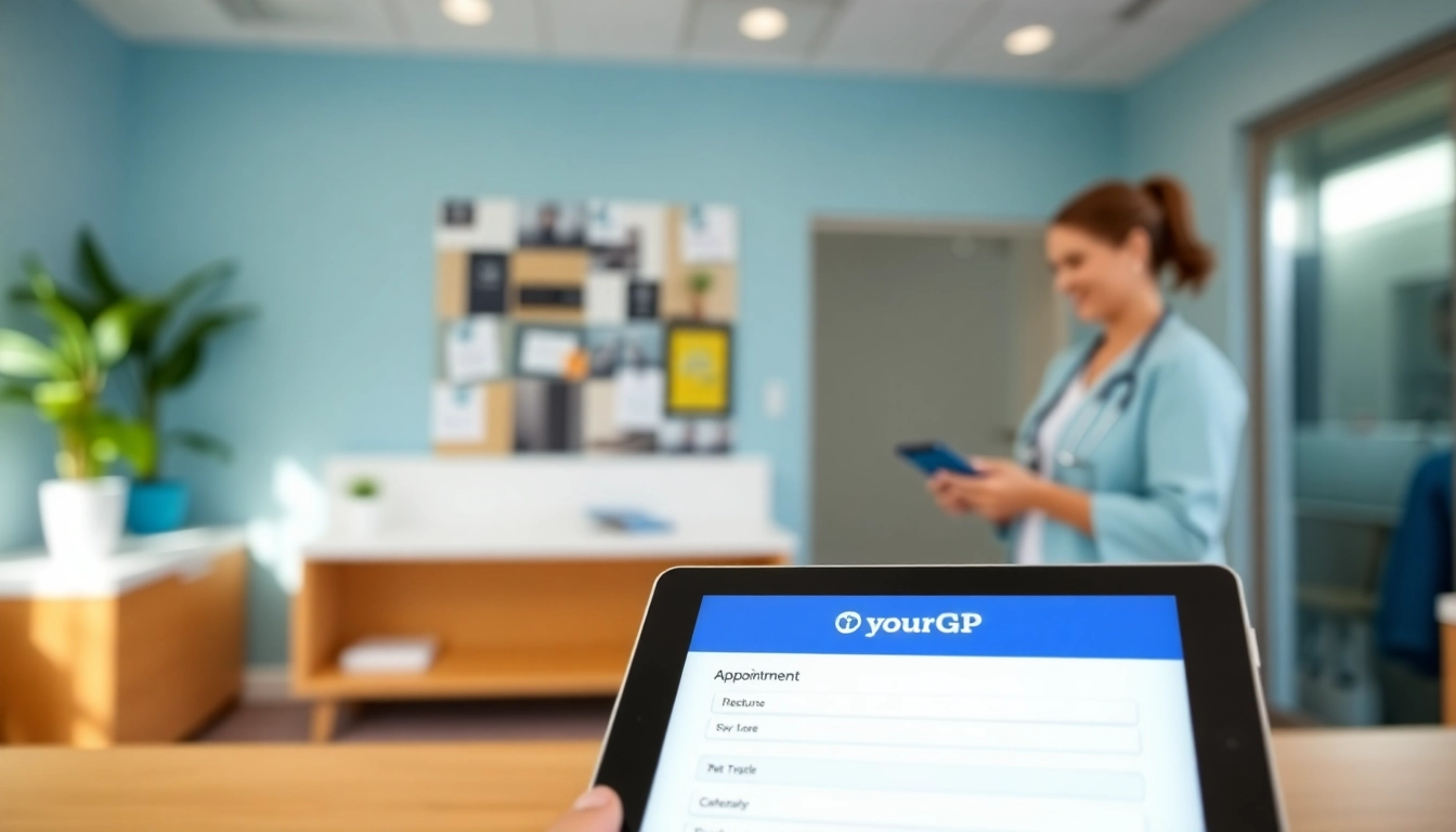 YourGP digital booking interface displayed on a tablet in a modern clinic setting.