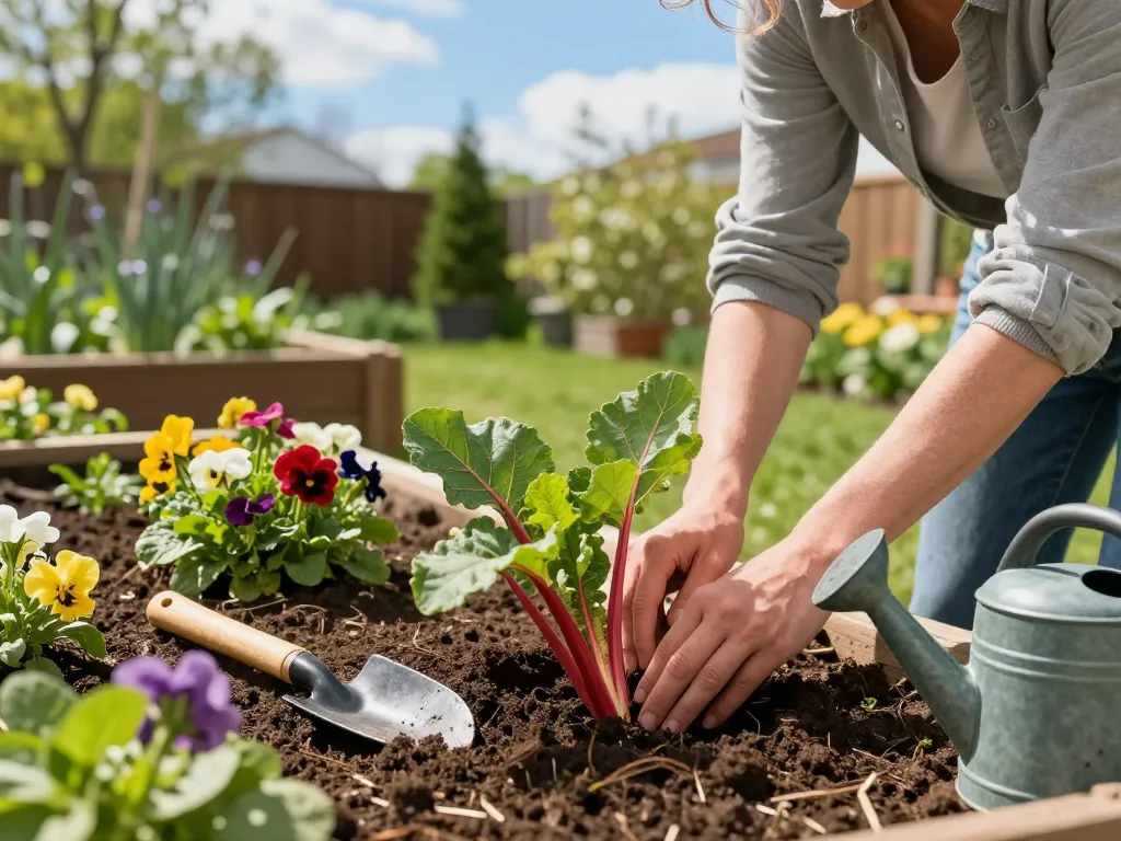 Gardener planting rabarber planten in a sunny backyard garden, surrounded by vibrant flowers and greenery.