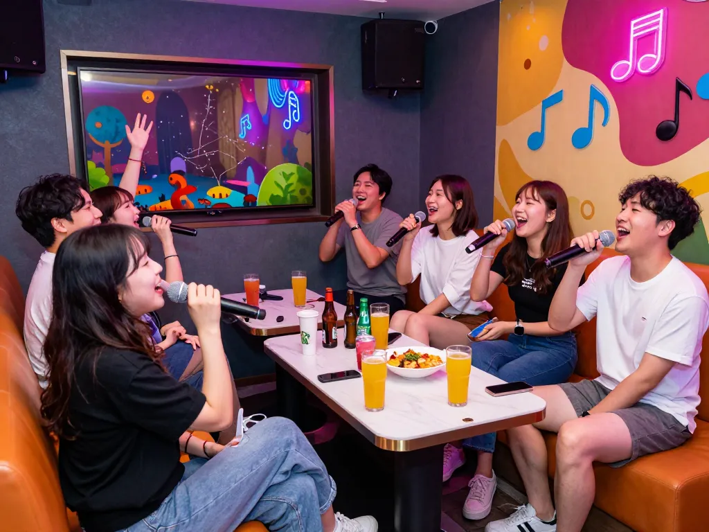 네온 조명과 생동감 넘치는 분위기로 가득 찬 3no.org/bupyeong의 활기찬 개인 방에서 시간을 즐기는 노래방 애호가들.