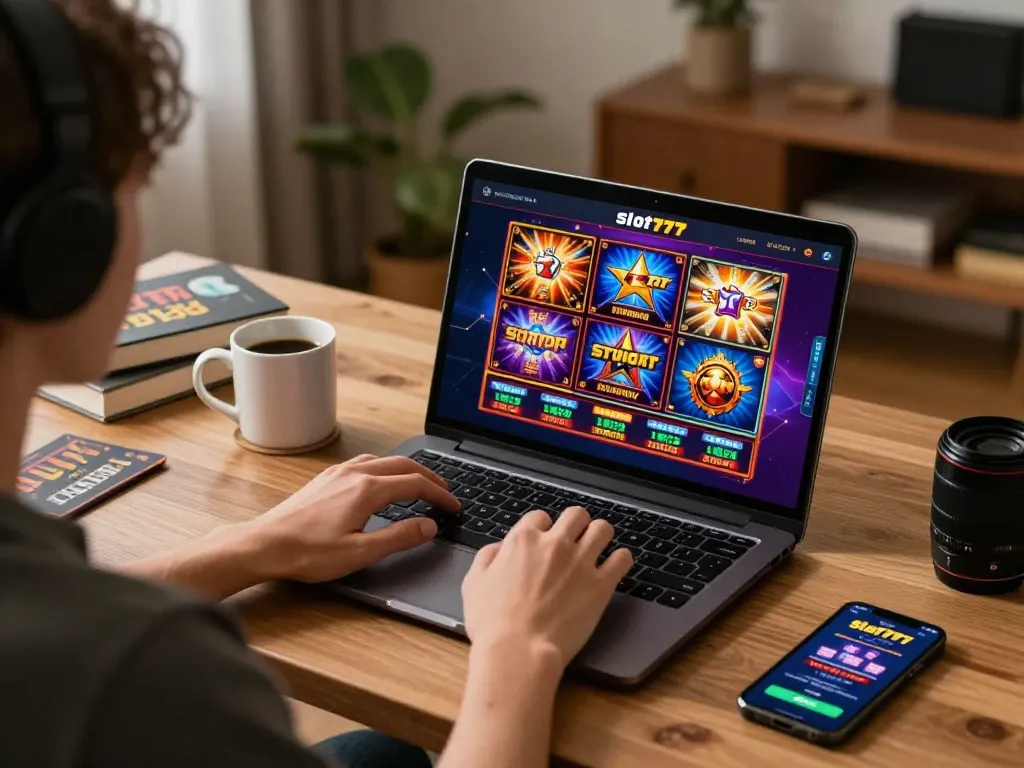 Engage with slot777 online slots while seated at a stylish home office desk.