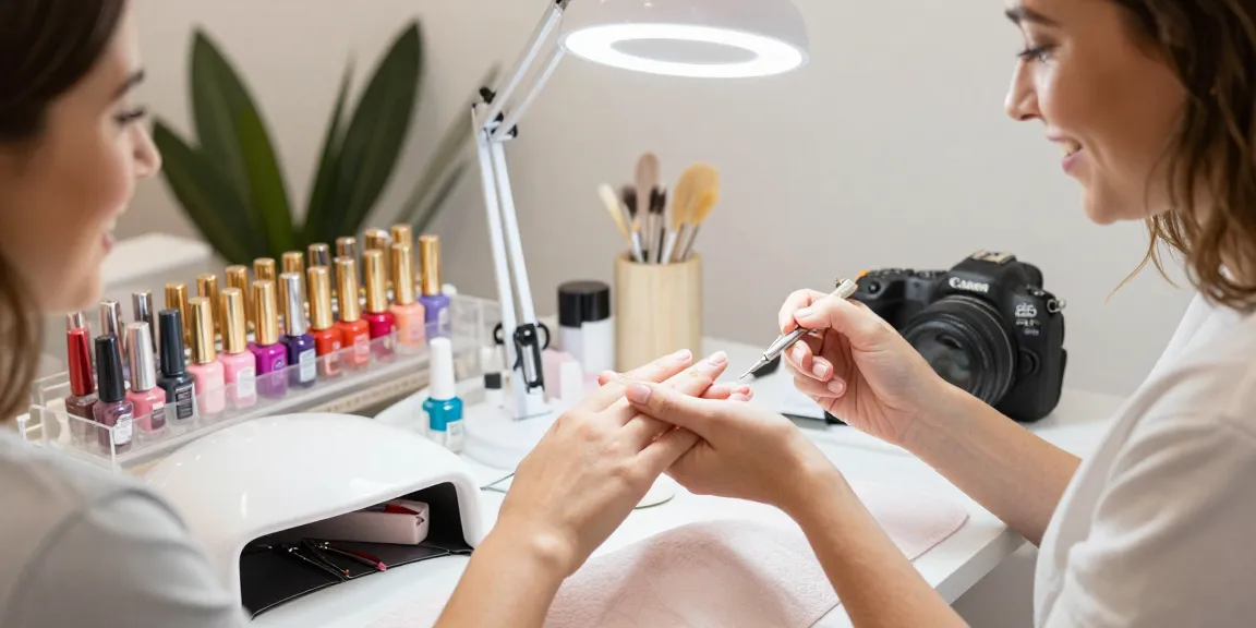 Experiență profesională de manichiură gel cu un kit unghii gel și o selecție vibrantă de ojă.