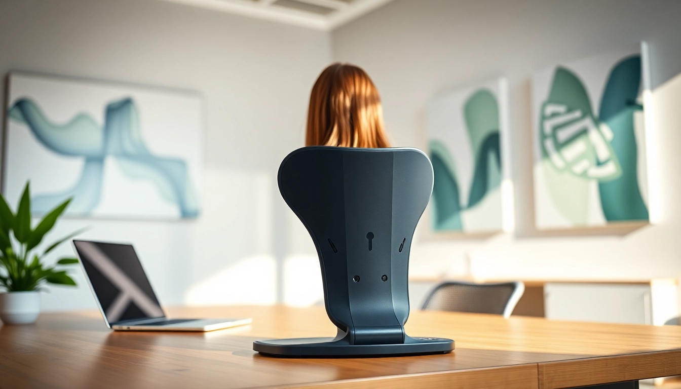 Demonstrating posture support device in a modern office environment.