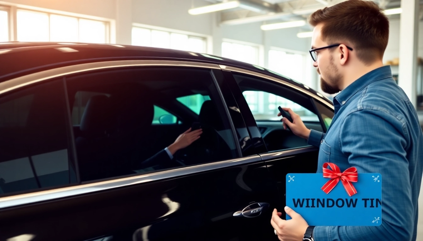Gift card for window tint shown on a sleek car in a modern garage.