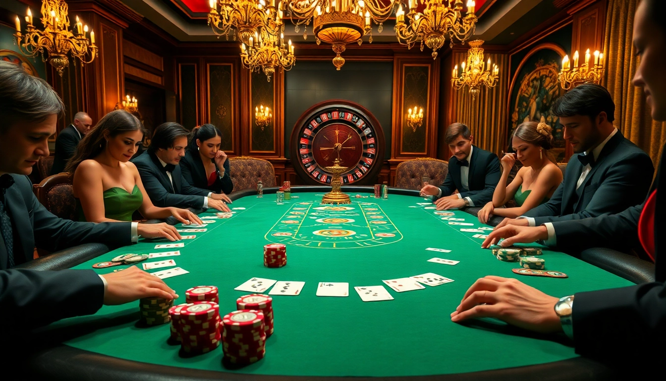 Pemain poker sedang merancang strategi di meja elegan, dipenuhi dengan chip dan kartu selama permainan dengan taruh tinggi.