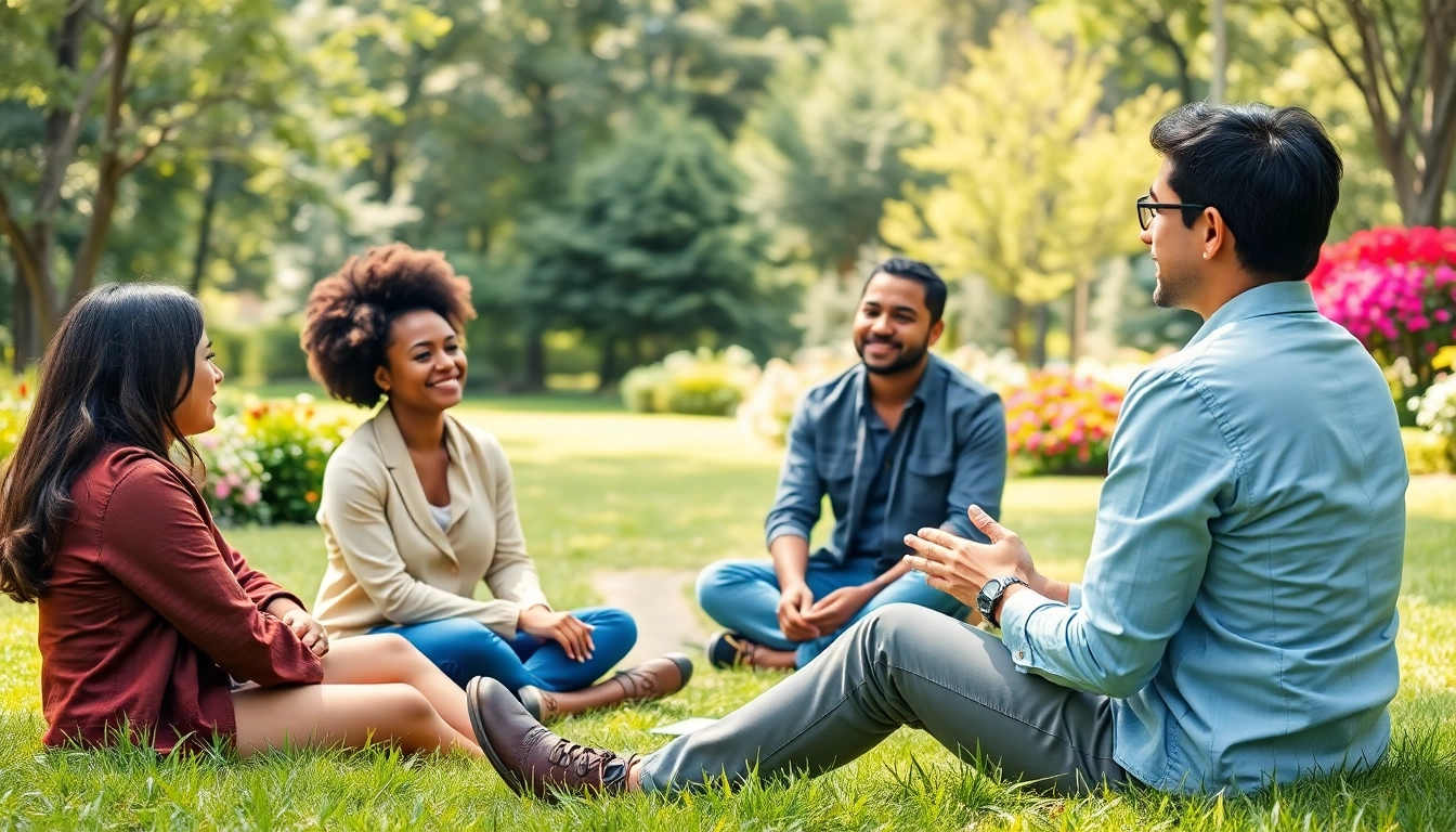 Find my true calling with a career coach guiding a group in a serene outdoor park.