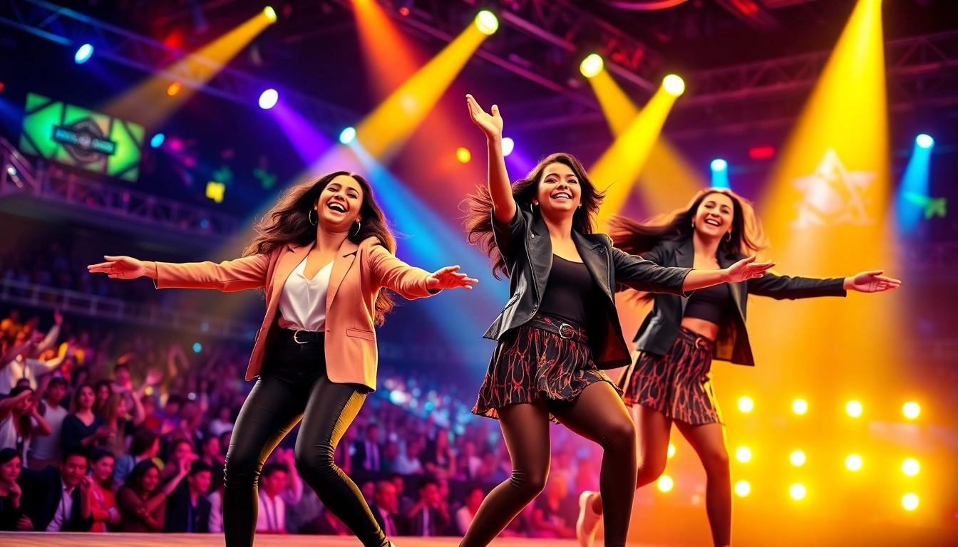 Blackpink members captivating the audience with their performance at a lively concert.
