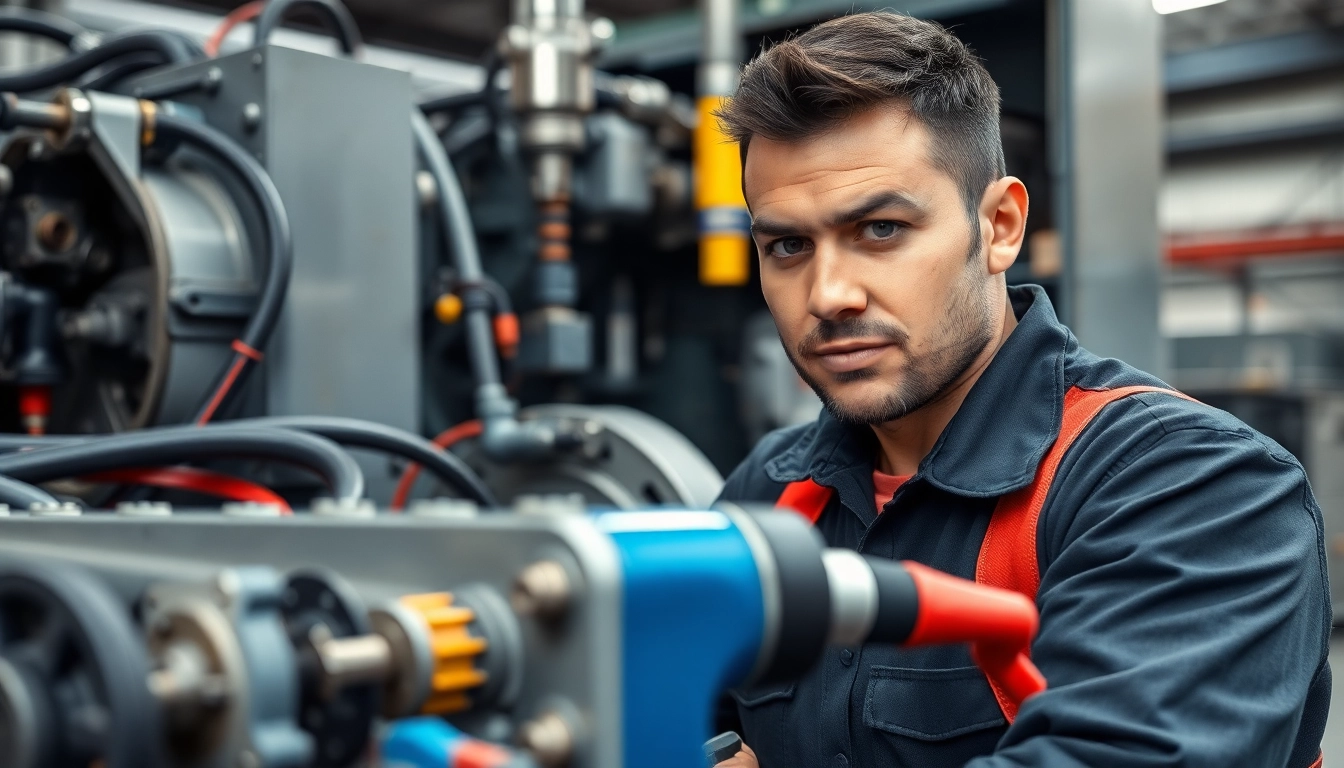 Technician engaged in on-site hydraulic repair, ensuring machinery functionality.