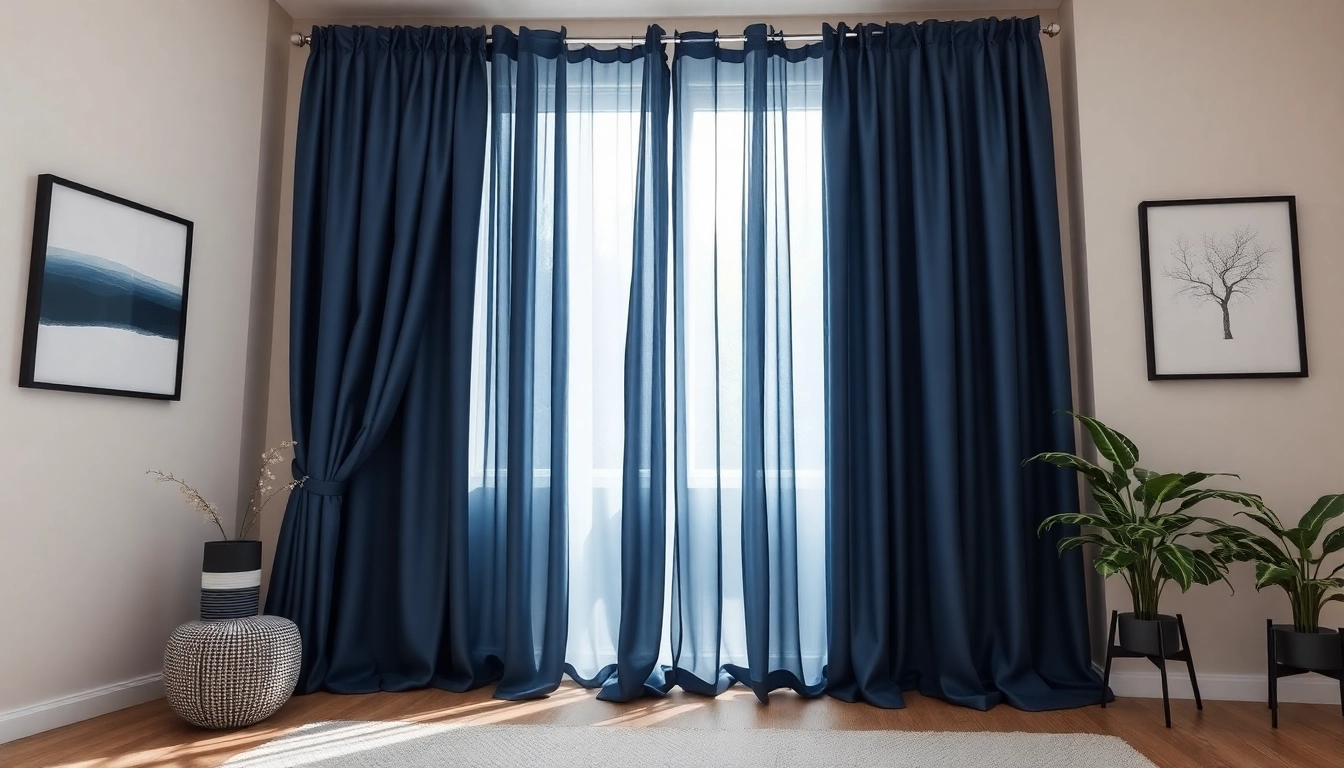 Verduisterende gordijnen in een stijlvolle kamer met diepe blauwe stof en moderne decoratie.