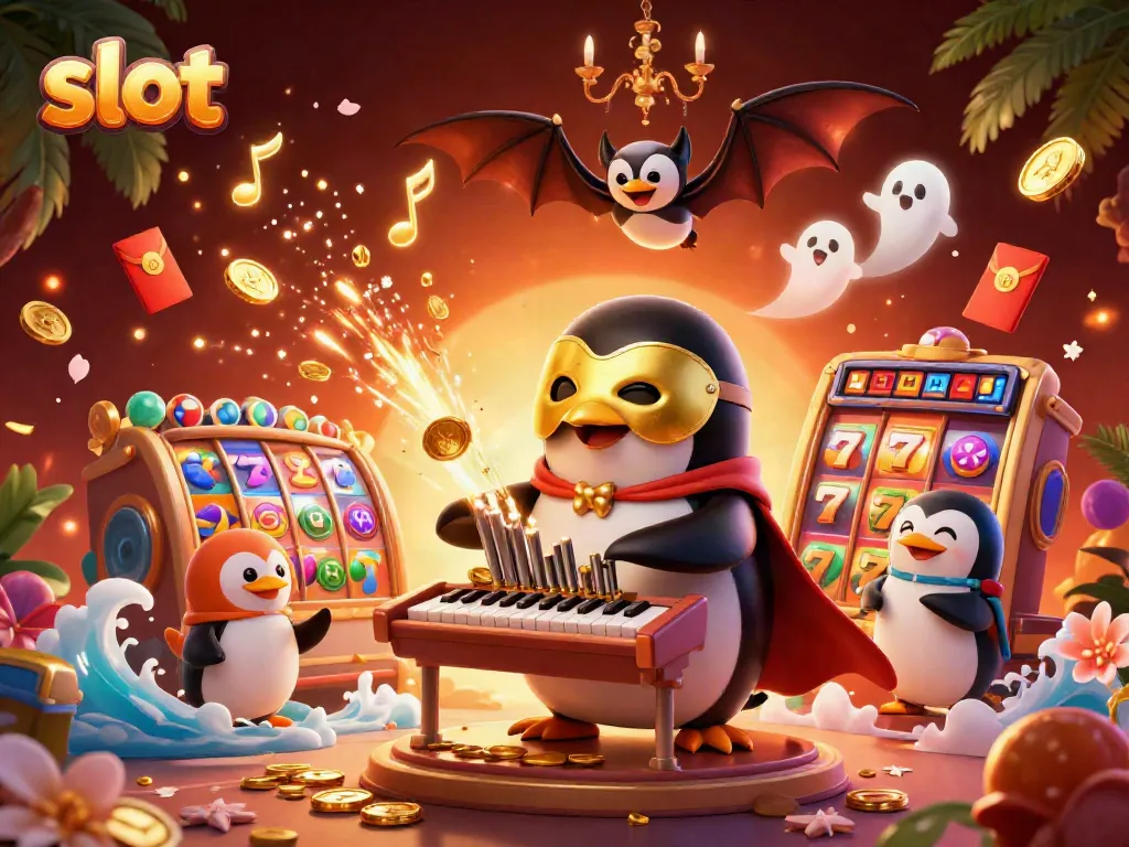 Slot yang menarik dengan penguin opera memainkan organ yang melepaskan koin emas.