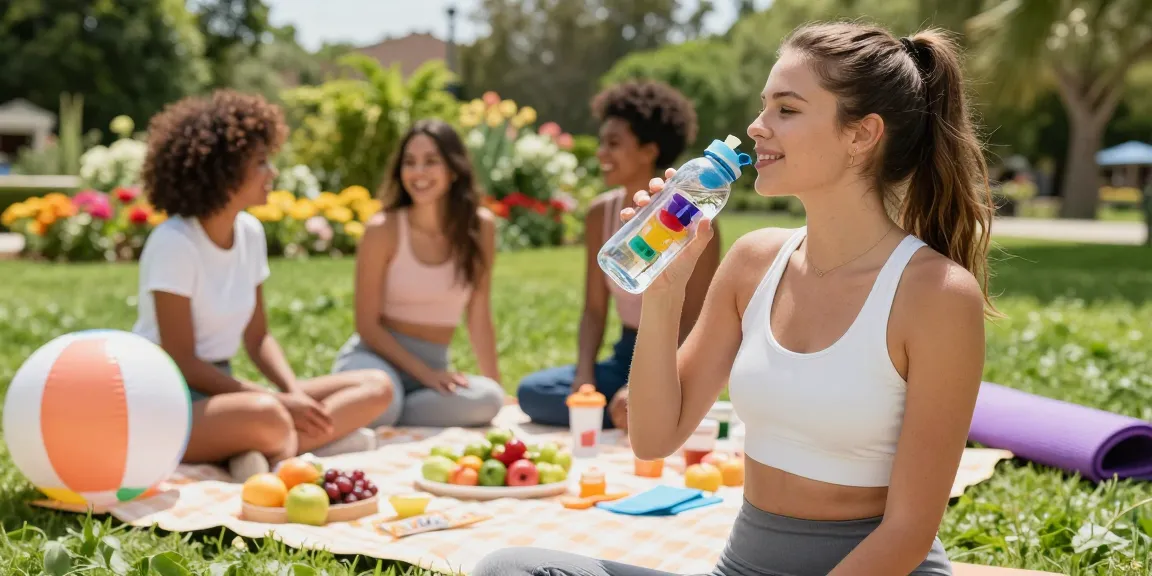 Refreshing scented water bottle at a sunny picnic with friends enjoying hydration and wellness.