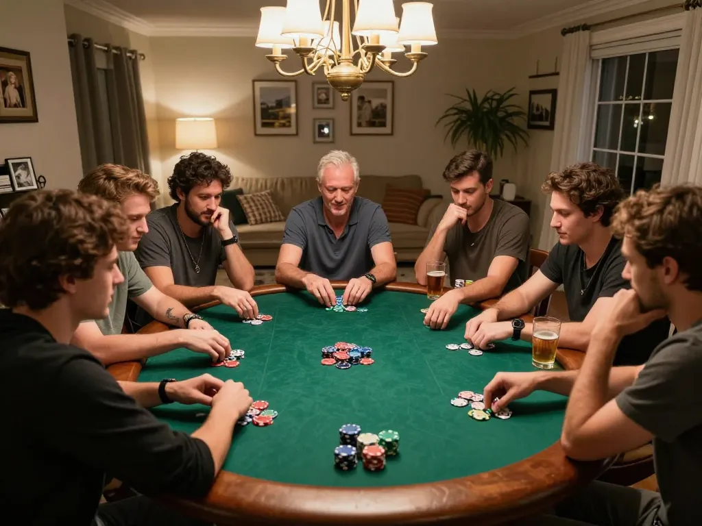 Players enjoying an engaging poker night at home, featuring camaraderie and strategy, as they explore gaming with atq com.