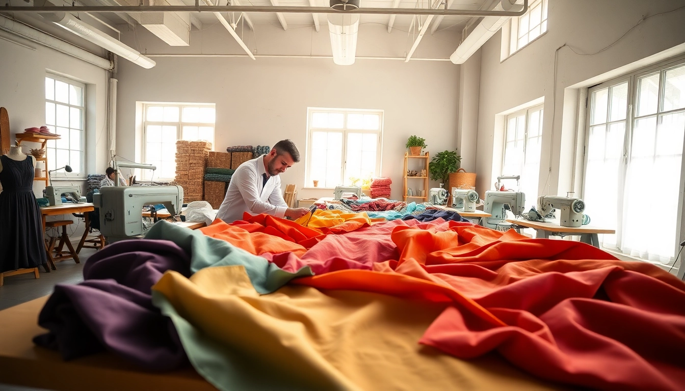 Knoop stoffen voor kleding maken in een sfeervolle werkplaats met kleurrijke stoffen.