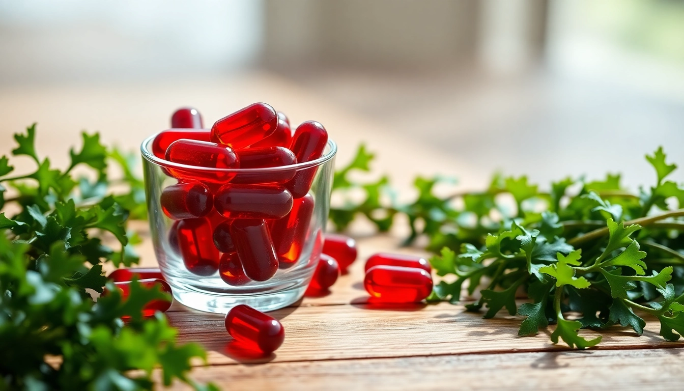 Showcase the best astaxanthin capsules next to fresh seaweed in a bright setting.