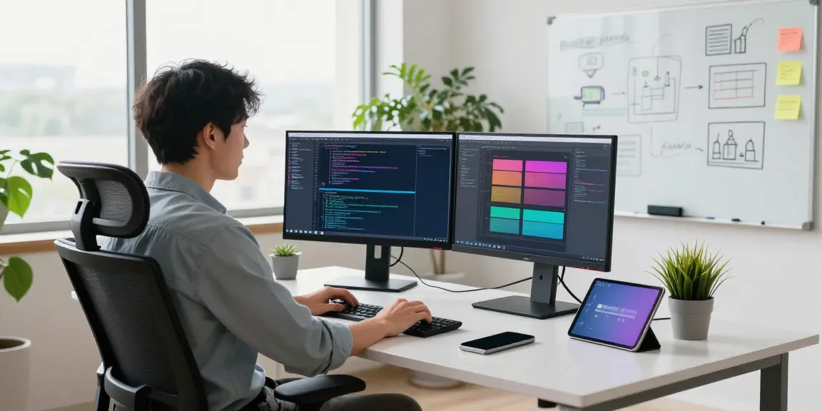 Developer coding in a modern workspace, showcasing 纸飞机下载 on dual monitors with productivity tools.