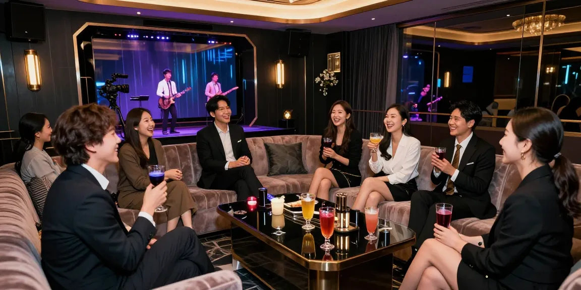 강남쩜오에서 프리미엄 노래방을 즐기는 고객들, 고급스러운 분위기와 쾌적한 시설을 보여줌