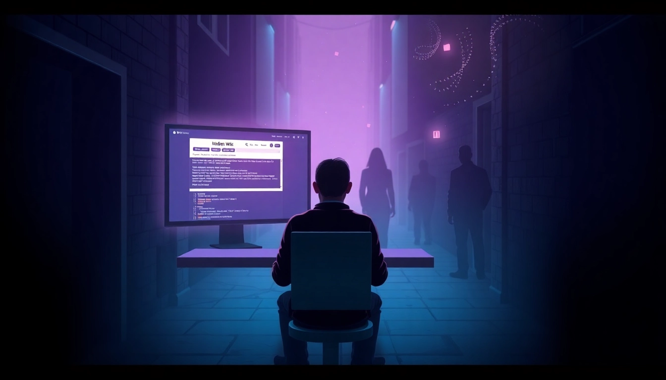 Visual representation of the Hidden Wiki concept, featuring a futuristic explorer and dark web ambiance.