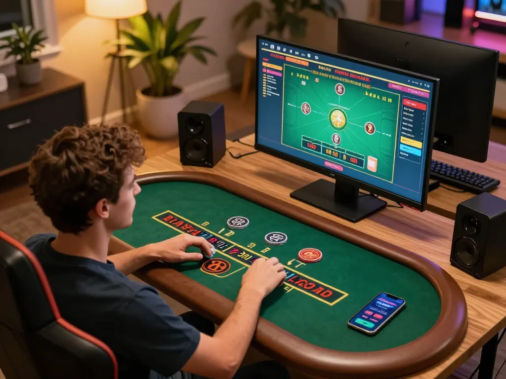 Engaged player utilizing kp88 online casino platform for live dealer blackjack in a cozy home setting.