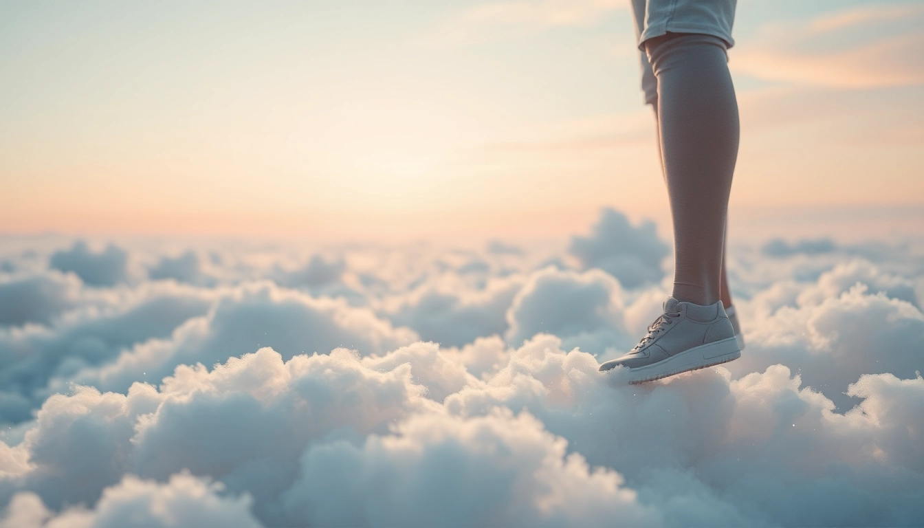 Experience a unique moment of Walking on Clouds in a serene, pastel sky with bright sunlight.