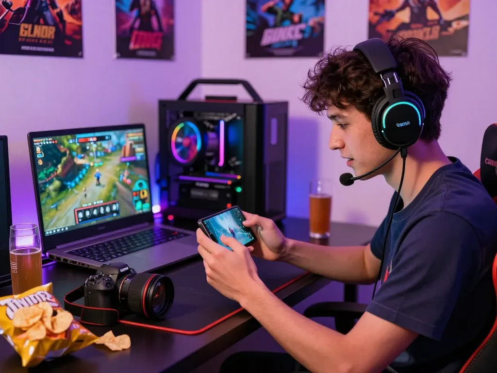 Engaged gamer enjoying autowin88 on mobile with vibrant gaming accessories and snacks