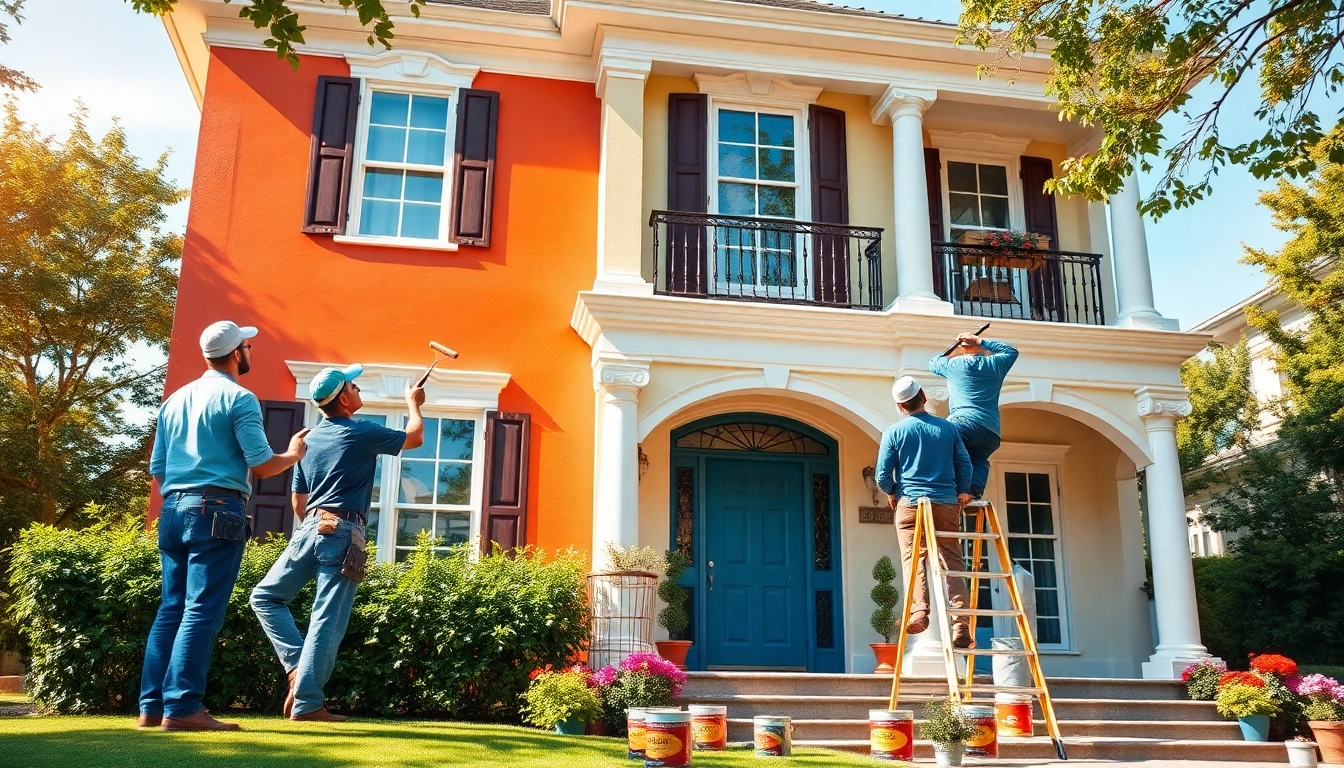 Home Painters applying a fresh coat of paint to a spacious house exterior under sunny skies, showcasing professionalism.