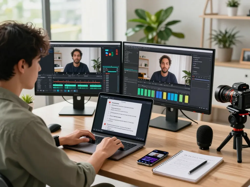 Video to prompt analysis in a modern workspace with advanced AI software and creative tools.