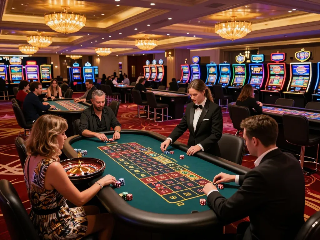 Players enthusiastically placing bets at THABET roulette table in a luxurious casino atmosphere.