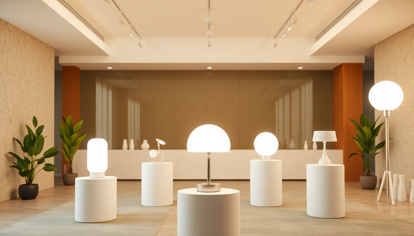 Showcasing ELC Lamps Online in a modern exhibit with sleek designs and natural lighting.