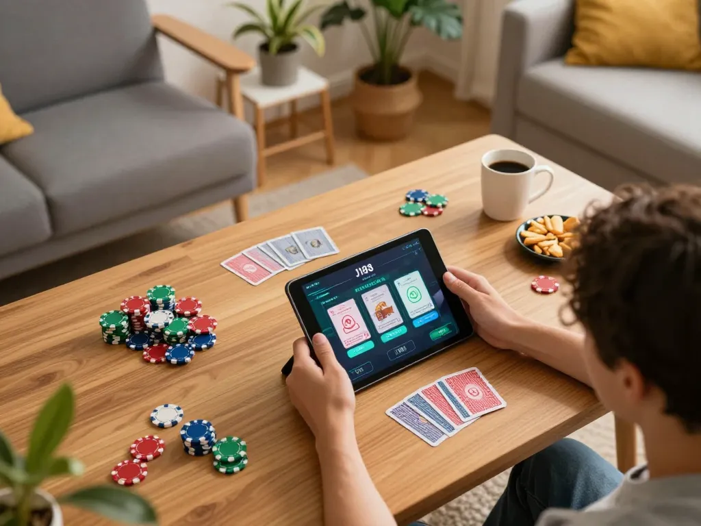 Engaging gameplay on the J188 app with chips and cards in a cozy home setting.