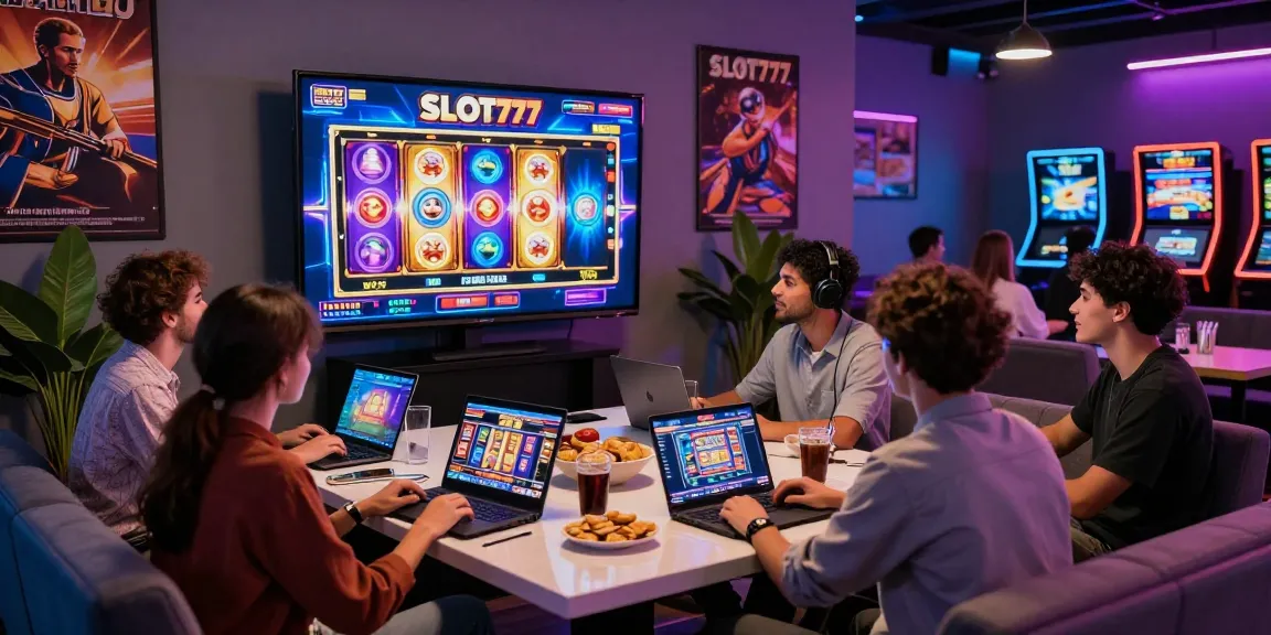 Situs slot gaming experience with friends enjoying SLOT777 online games in a vibrant digital casino setting.