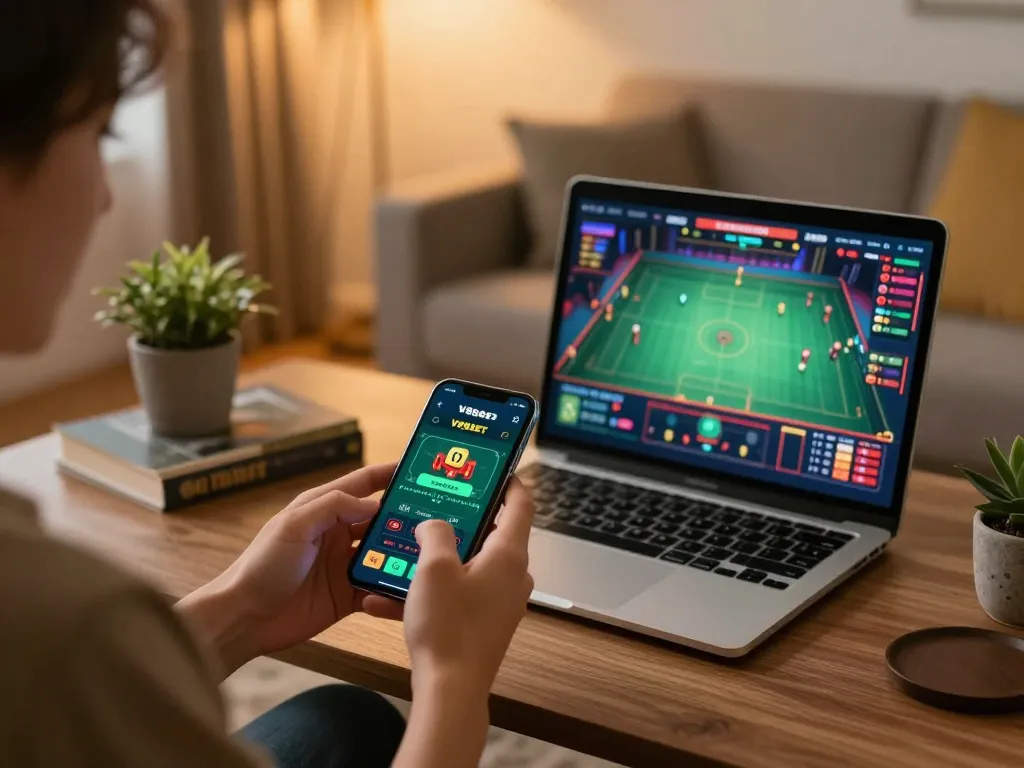 Engaged player using Vsbet app for online betting in a cozy home setting.