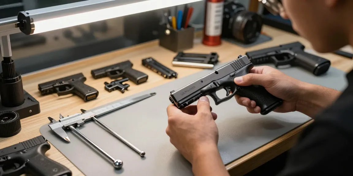 Custom Glock slides fitting process at https://precisionglockslides.com workshop with precision tools