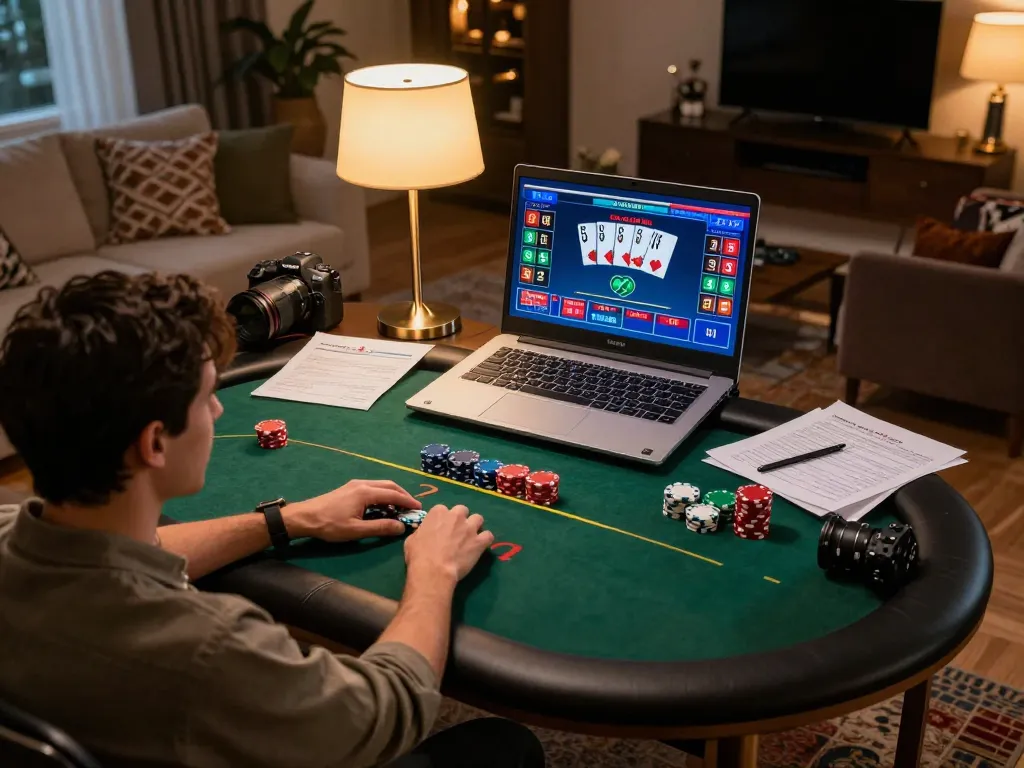 g28 poker strategy session with player analyzing hands on laptop and notes in stylish home setup