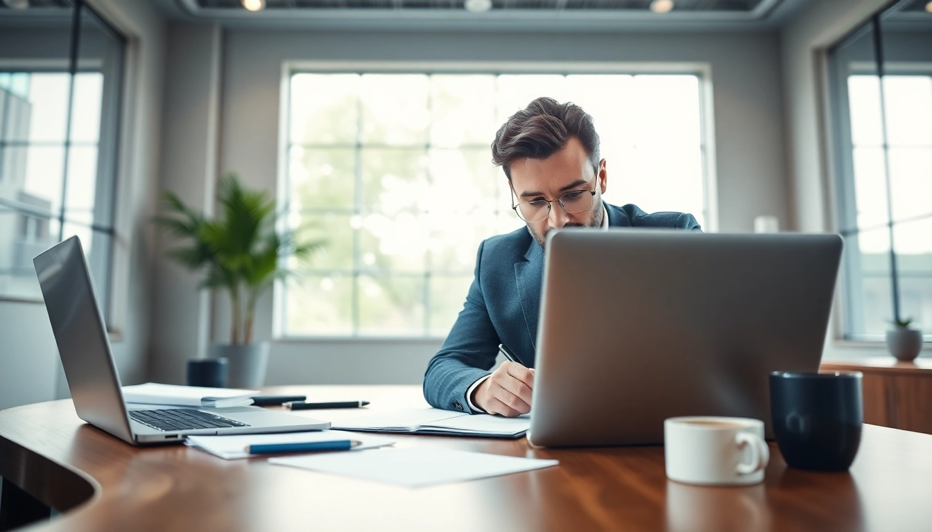 Engaged in Proposal Writing and Management at a modern office desk with documents and laptop.