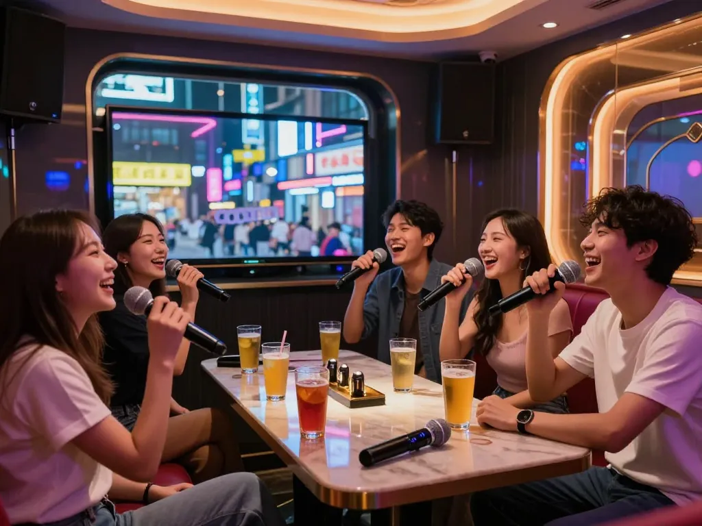 강남퍼펙트 노래방에서 친구들과 함께 노래를 즐기고 있는 모습, 고급스러운 인테리어와 활기찬 분위기.