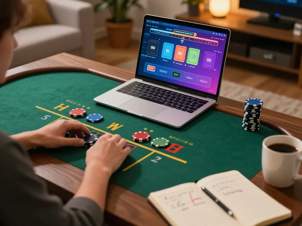 Engaged player at home using w188 com for live dealer blackjack game, showcasing casual gaming atmosphere and strategy.