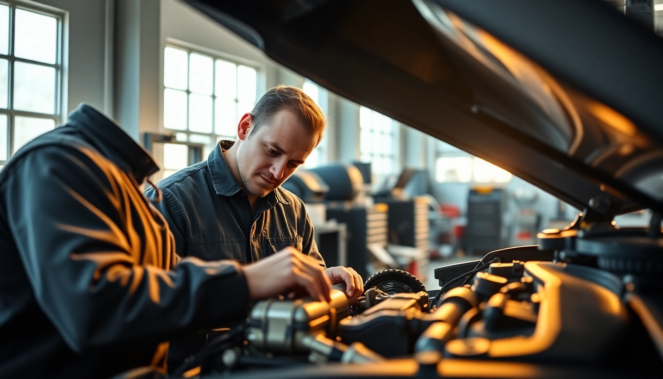Land Rover Service mechanic conducting a detailed inspection in a professional workshop.