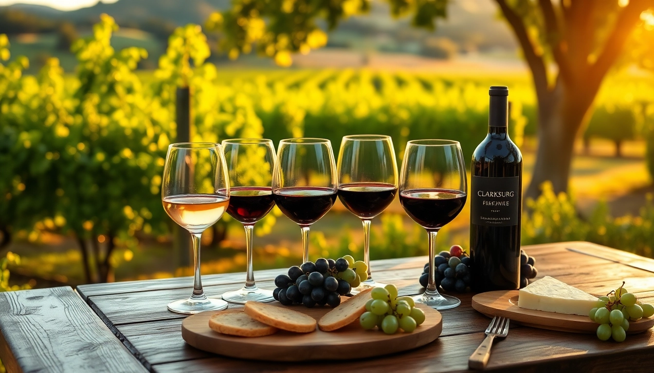 Experience the ambiance of Clarksburg wine tasting with elegant glasses and lush vineyards.