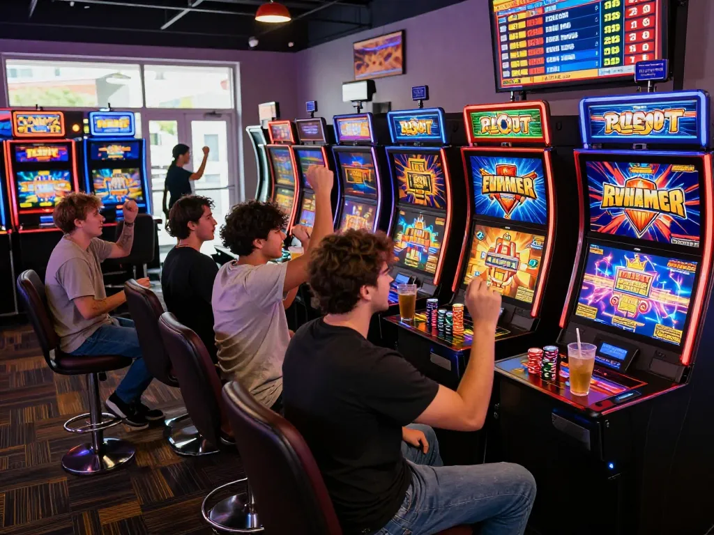 Friends celebrating wins at ligasedayu online casino gaming arcade with vibrant atmosphere.