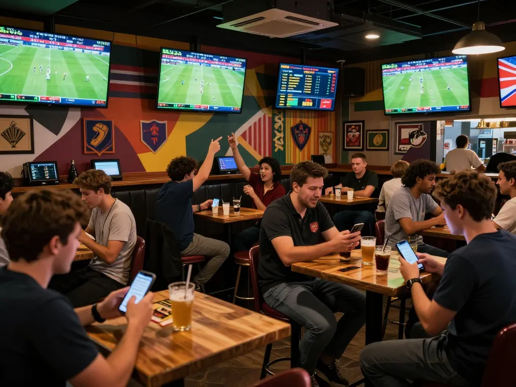 Kèo nhà cái helping sports bettors analyze live soccer game data in a lively bar setting.