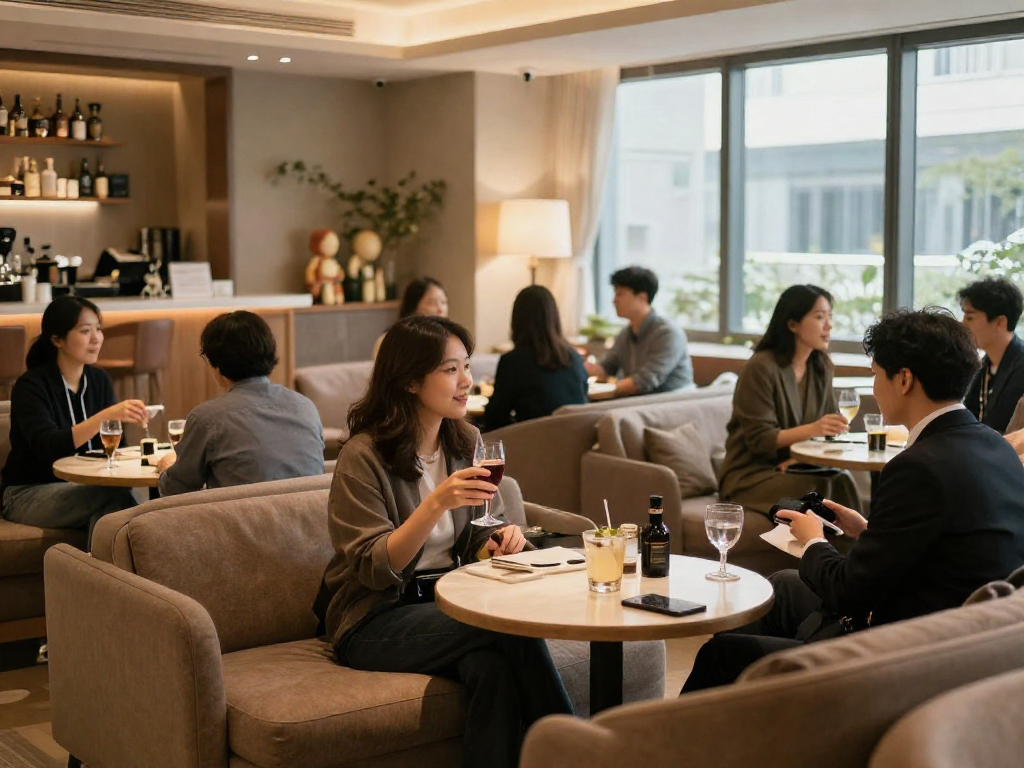 강남 멀리건의 아늑한 실내에서 손님들이 편안한 대화를 나누는 모습