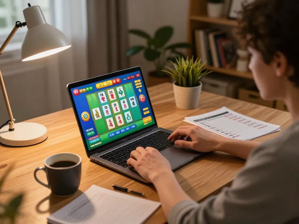 Player focusing on Mahjong slot game on laptop, showcasing colorful graphics and strategic environment.