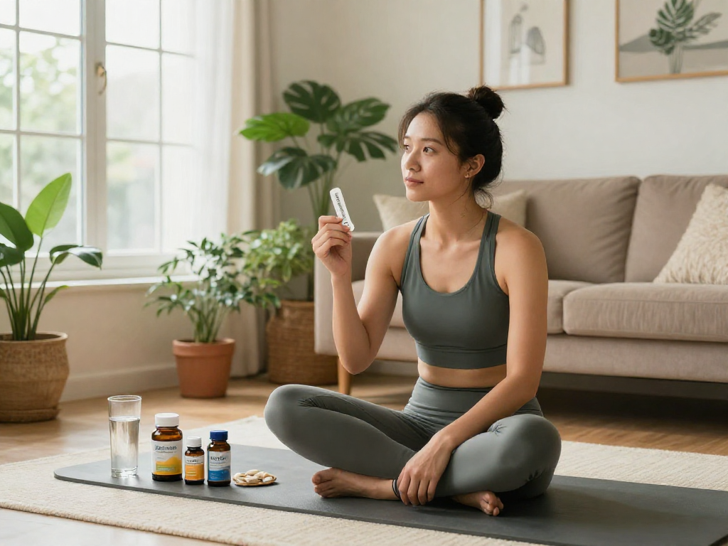 NAD+ Benefits highlighted through a person enjoying a Restore Blend Peptide Buccal Strip in a serene living room setting.