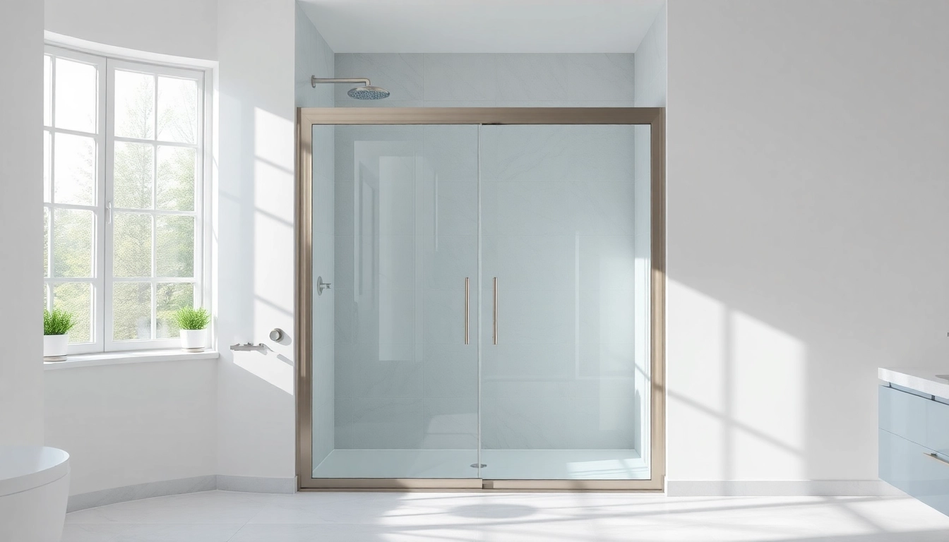 View of stylish shower sliding doors in a contemporary bathroom with natural light.