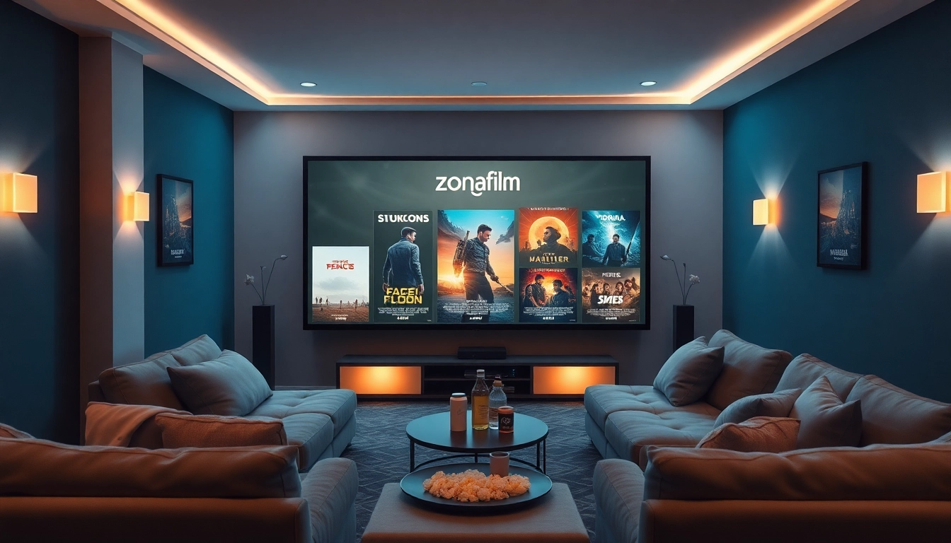 Enjoy a cozy home theater experience with zonafilm movie posters and plush seating.