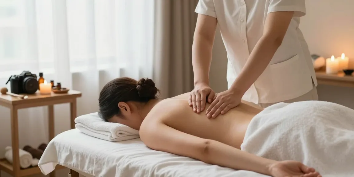 역삼동마사지에서 여유롭게 마사지를 받고 있는 손님의 모습과 아로마 오일이 있는 차분한 공간