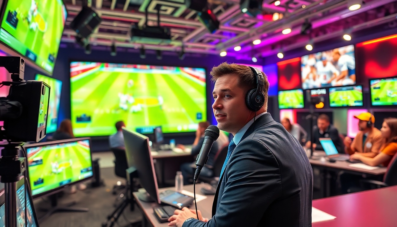 Sports Broadcasting studio featuring announcers delivering live events with an engaging backdrop.