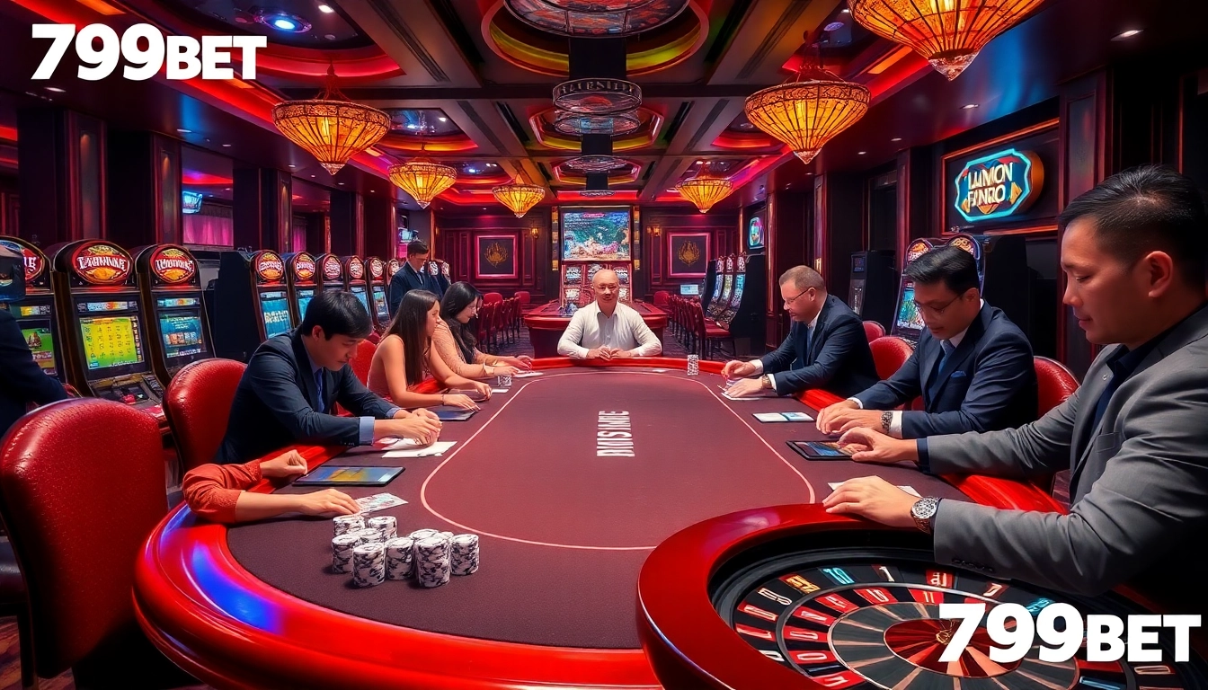 Players enjoying a thrilling game at 789BET casino with vibrant chips and cards.